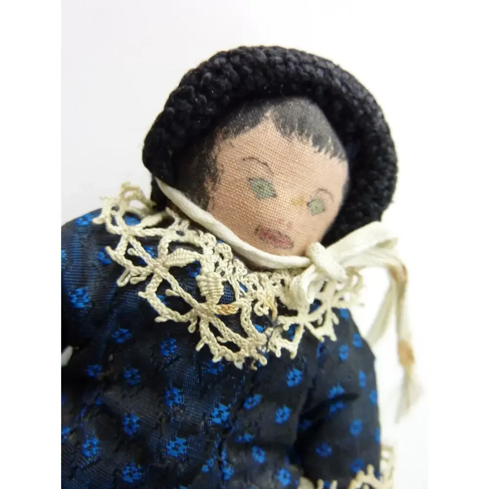 Vintage 1930s Artisan Oil Cloth Doll Hand Painted Pressed Cloth Face Antique 7